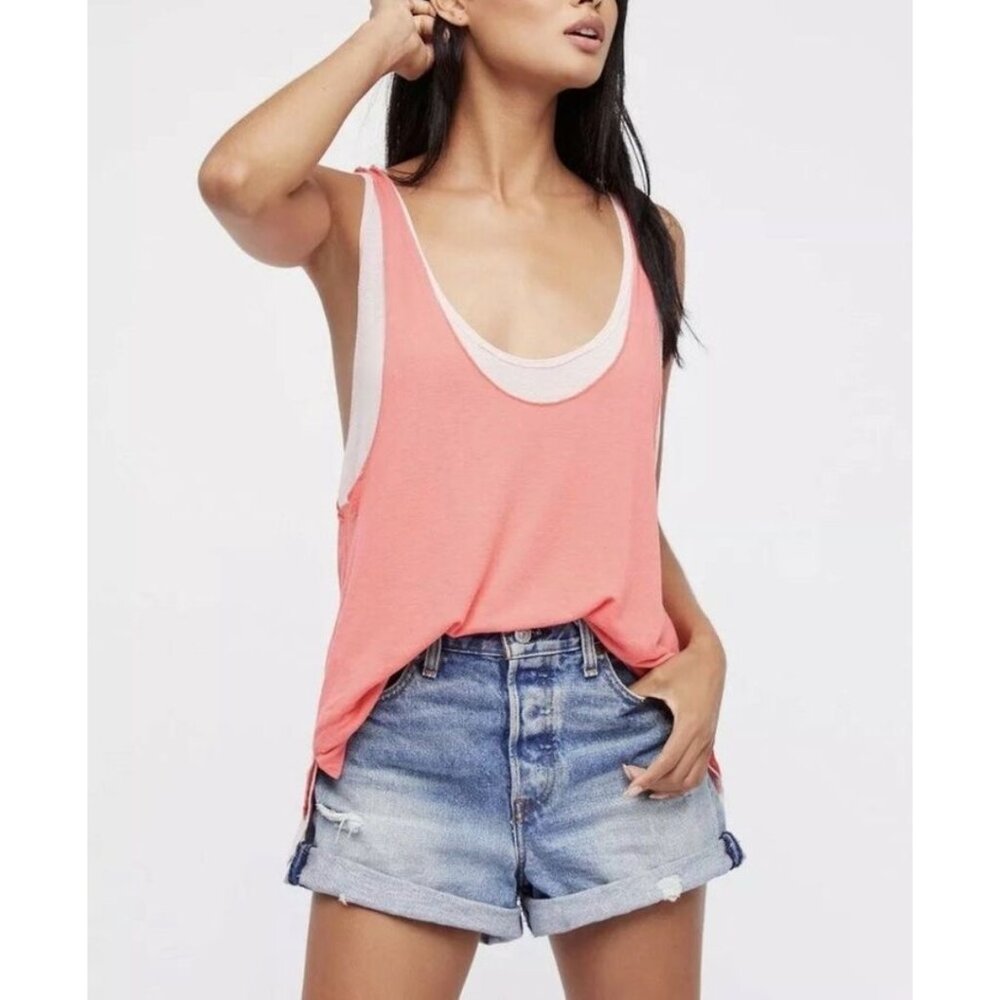 FREE PEOPLE Womens' Coral Pink Karmen Double-Layered Racerback Tank Top Sz S